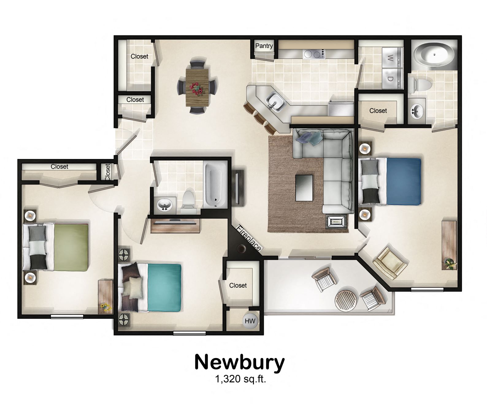 Floor plan for 3 beds, 2 baths, 1320 sqft